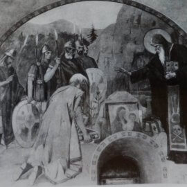 Св. Йоан Рилски отказва даровете на цар Петър, храм-паметник „Св. Александър Невски“, 1912 г. (по Каравелов 1966) 
